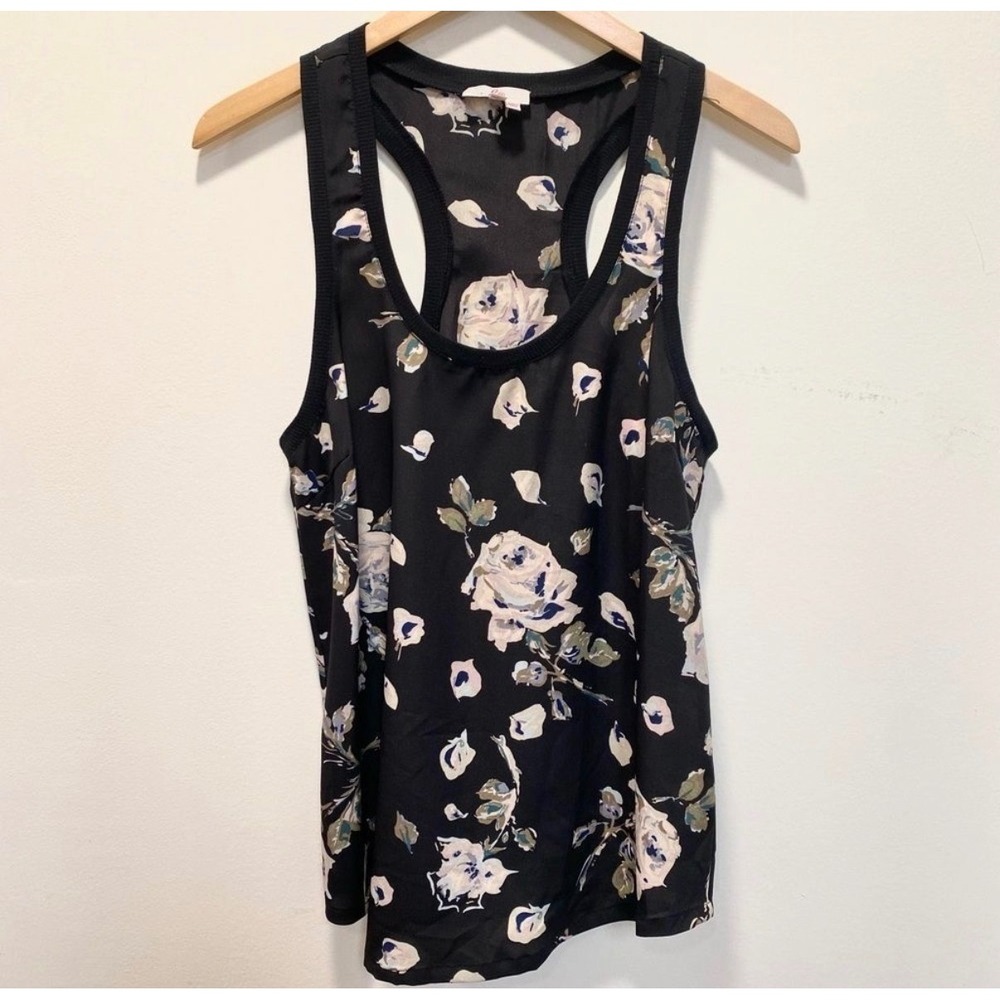 Joie Black Floral Racerback Tank Top Ribbed Trim Shell A85-20145 Womens Medium